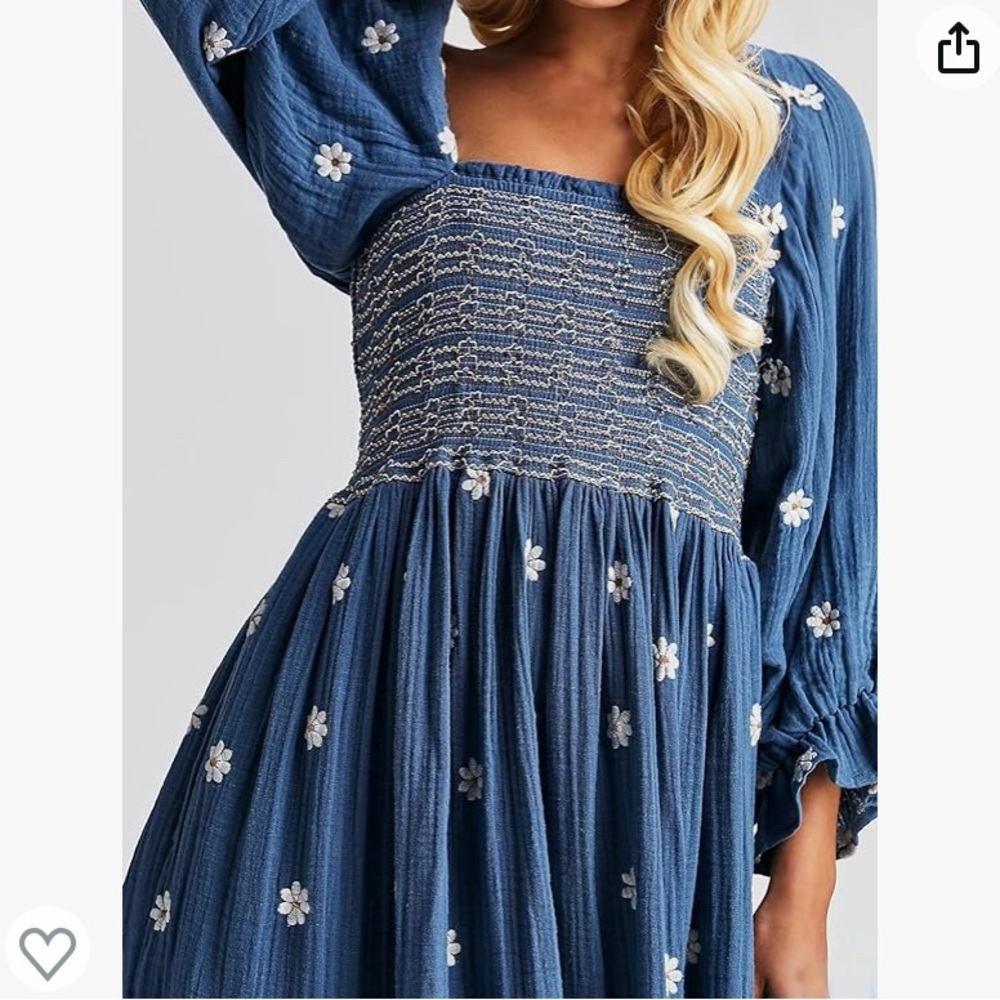 Blue Bohemian square neck smock floral dress